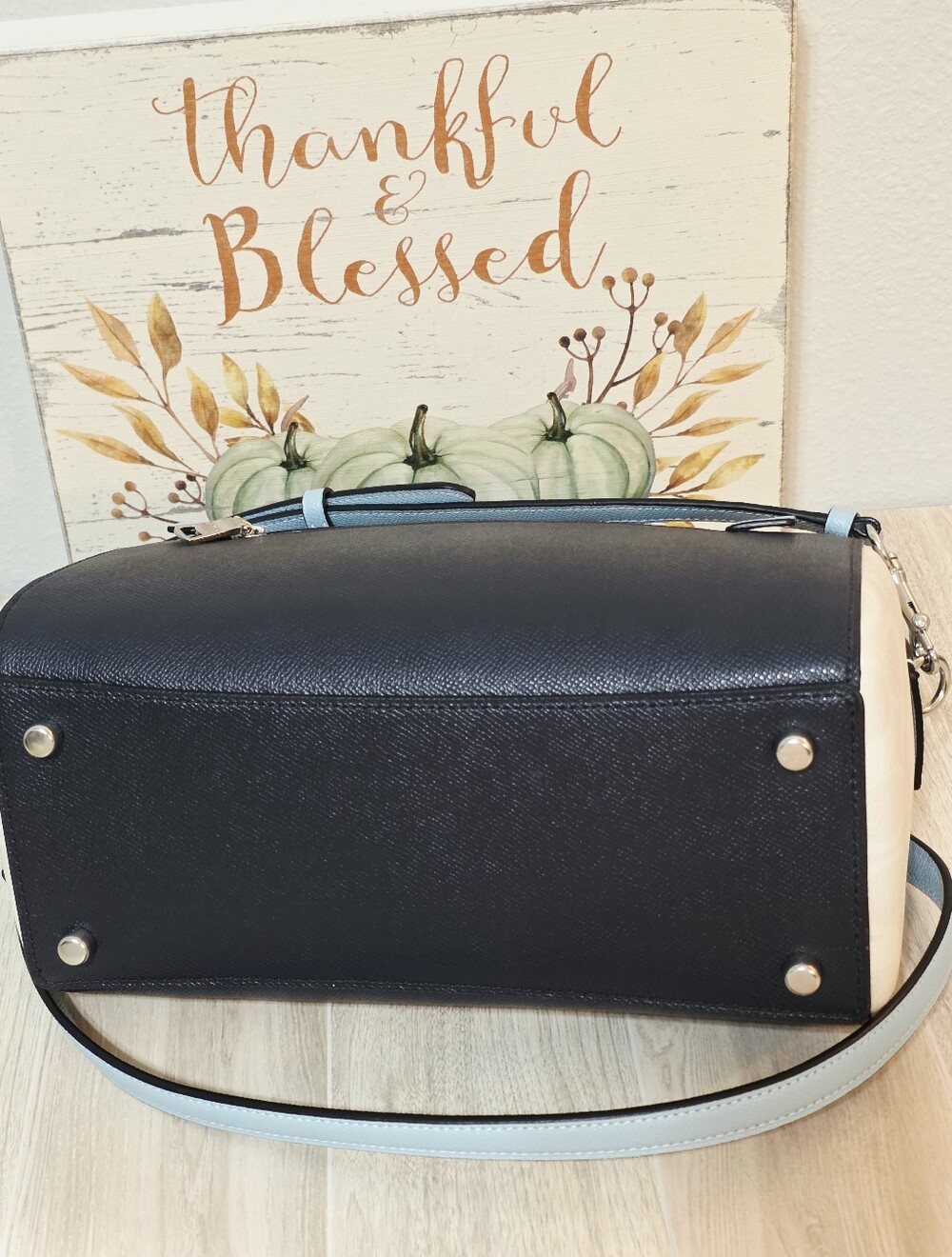 Coach RARE Rowan Colorblock Satchel Crossbody Purse Midnight Blue Chalk Bag - Picture 9 of 16
